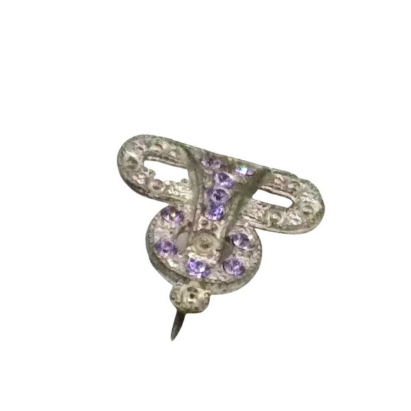 Antique Pot Metal Tiny Brooch with Clear and Lavender Paste Rhinestones, Art Dec - Picture 2 of 4